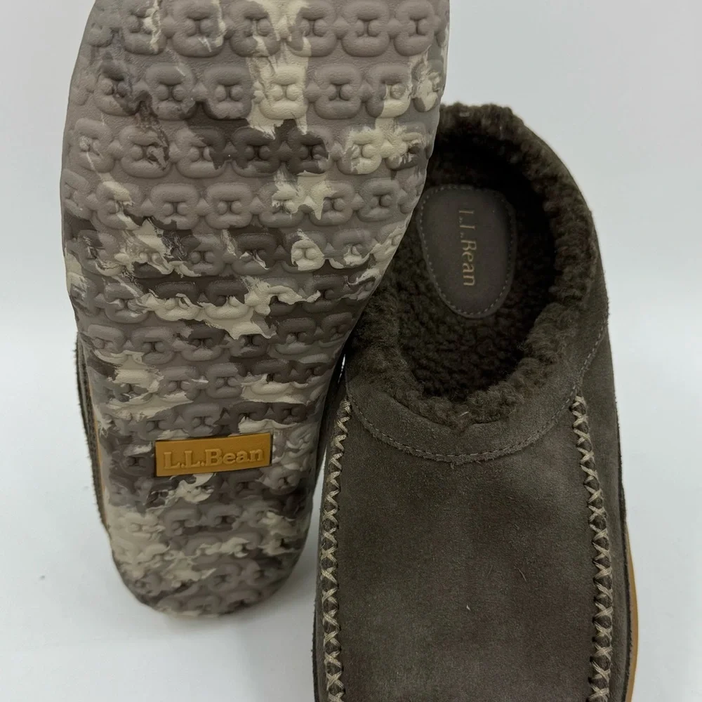 L.L. Bean Mountain Moccasin Scuff Winter Slippers Mens Size 8M Gray Leather NWOB